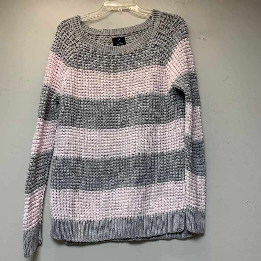 American Eagle Jegging Sweater Womens Large Pink Grey Striped Popcorn Knit GOOD